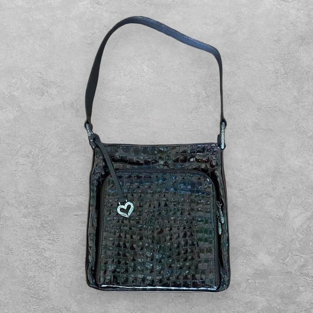 Brighton Croc Embossed Patent Leather Shoulder Bag Brown Heart Charm